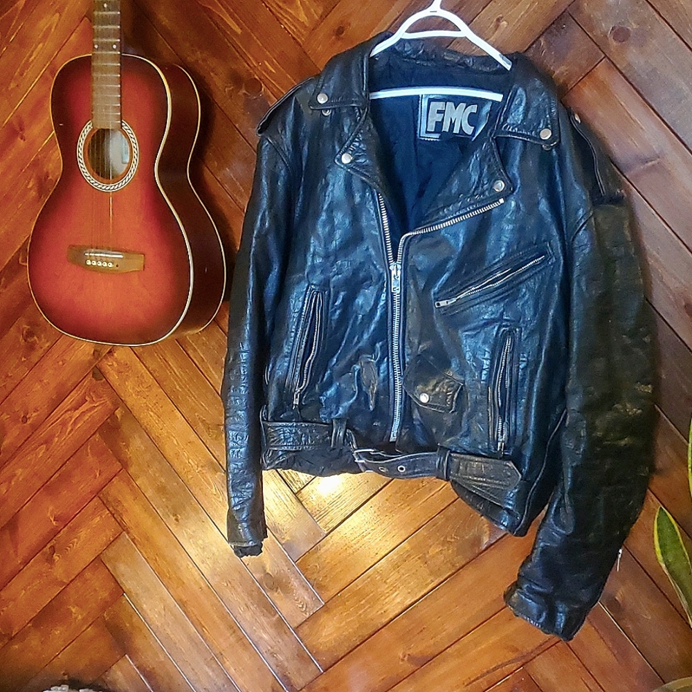 COPY - Vintage 'Real Deal' leather motorcycle jacket with belt FMC size 50 US XL